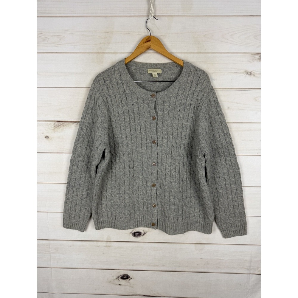 Appleseed's Sweater 1X Gray Cable Knit 100% Wool Button Front Cardigan